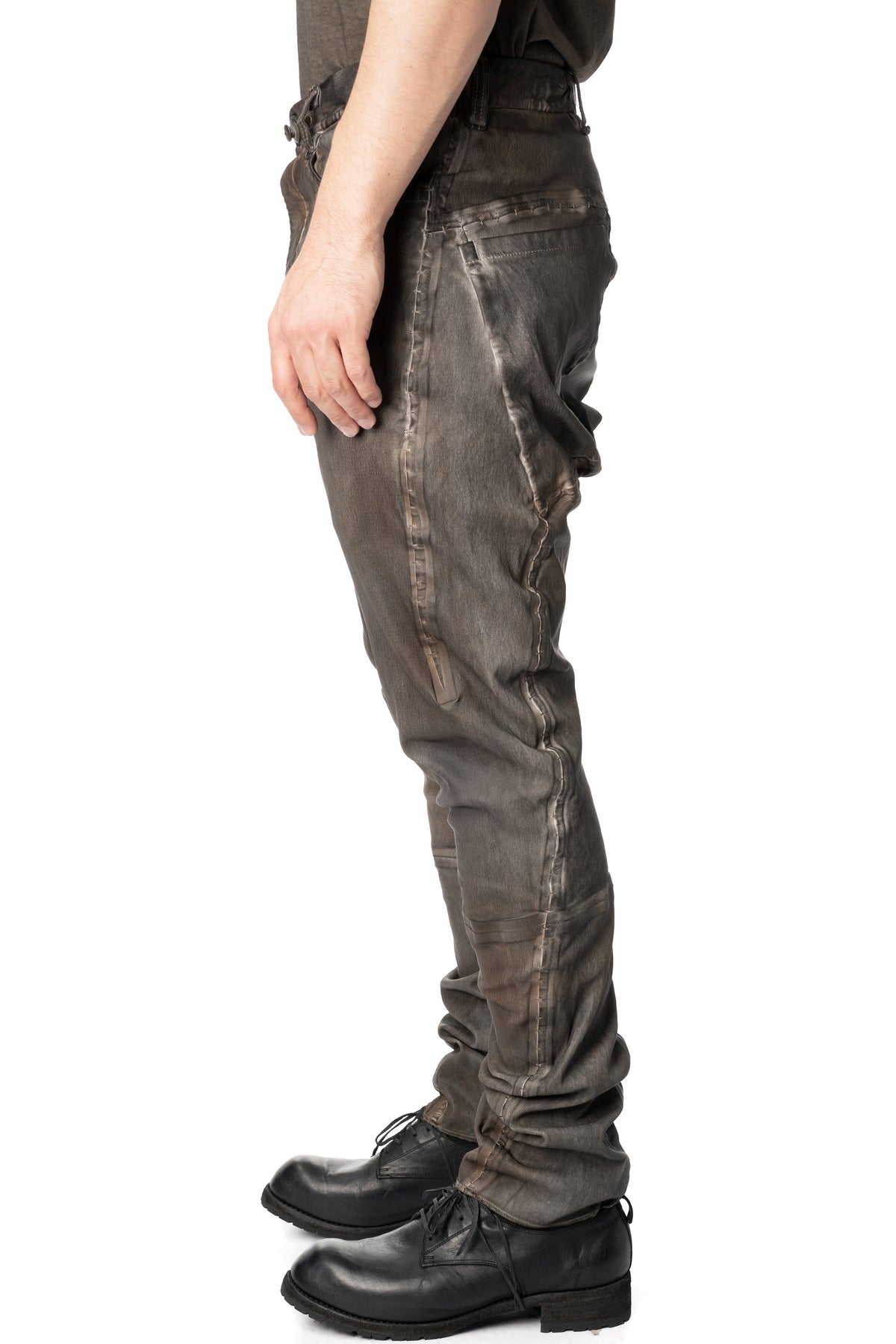 Low crotch 4 pocket stretch leather pants, Elephant grey