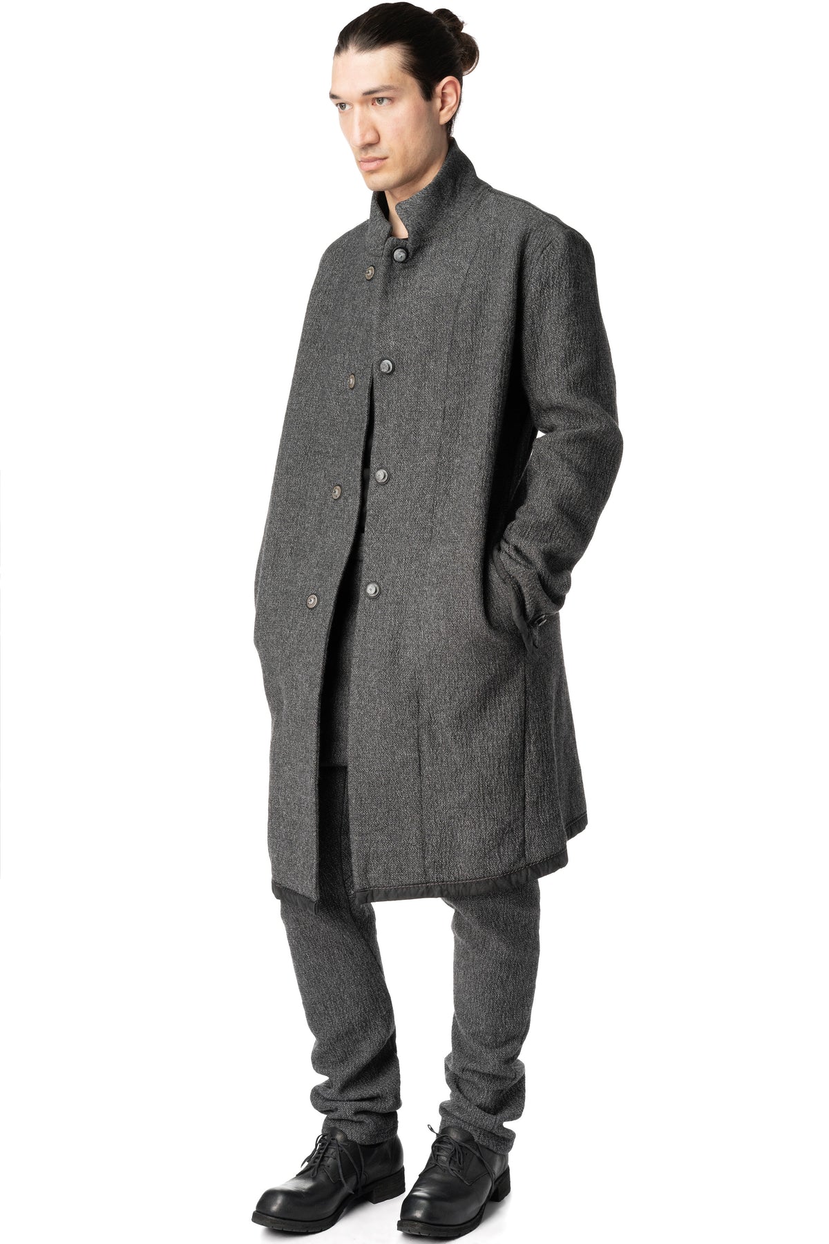 Long wool blend blazer with leather piping