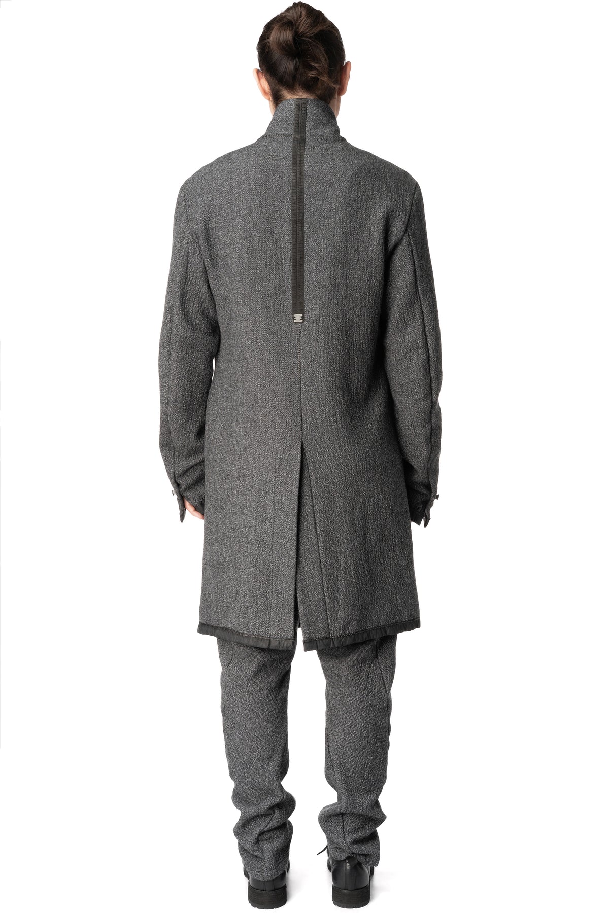 Long wool blend blazer with leather piping