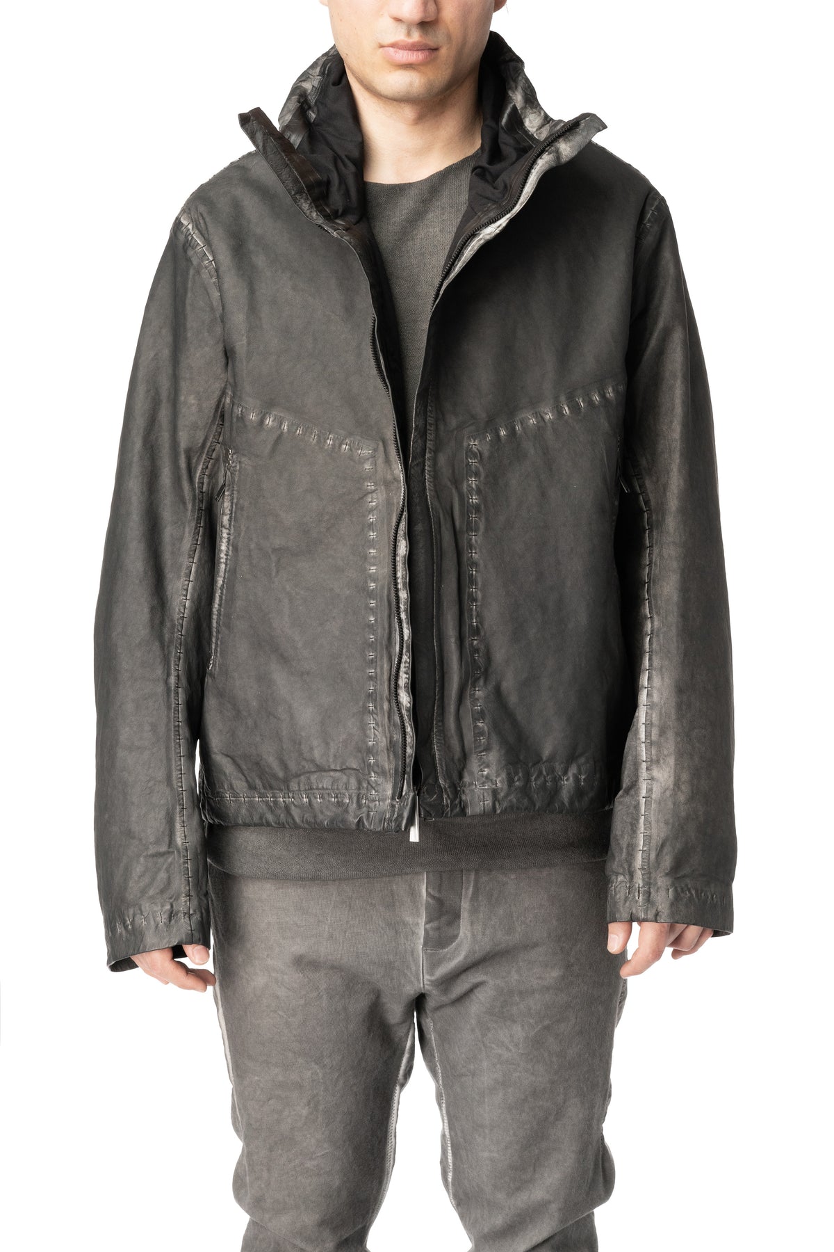 Membrane leather down bomber jacket, Plomb