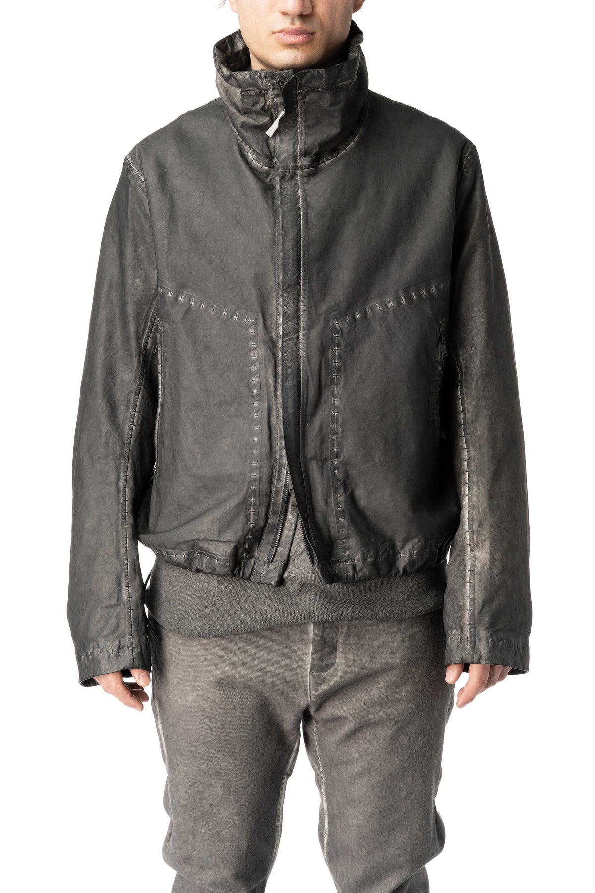 Membrane leather down bomber jacket, Plomb