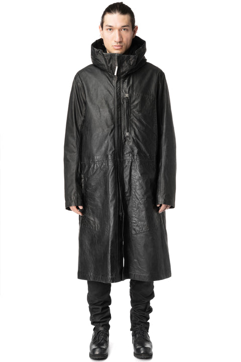 Long hooded membrane leather down parka, Black