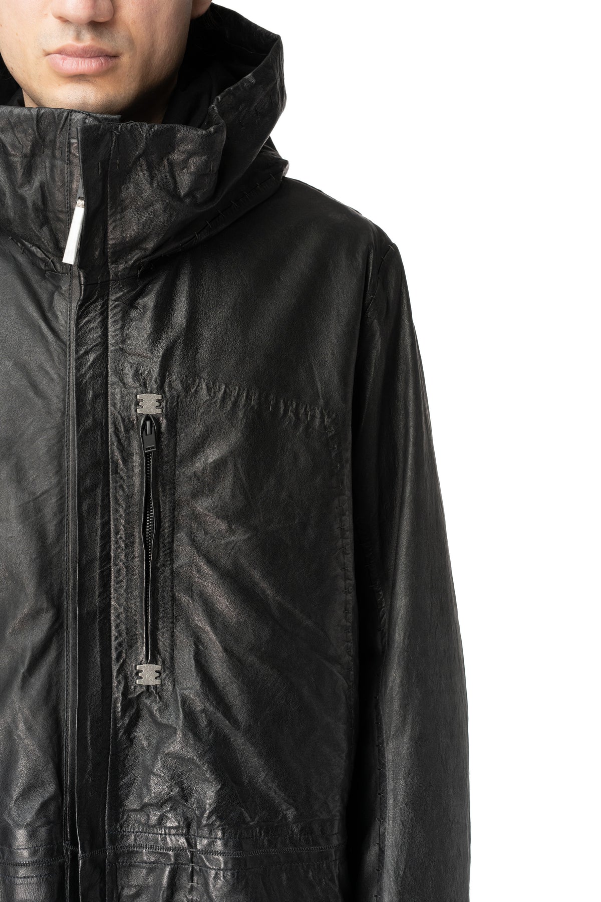 Long hooded membrane leather down parka, Black