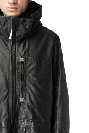 Long hooded membrane leather down parka, Black