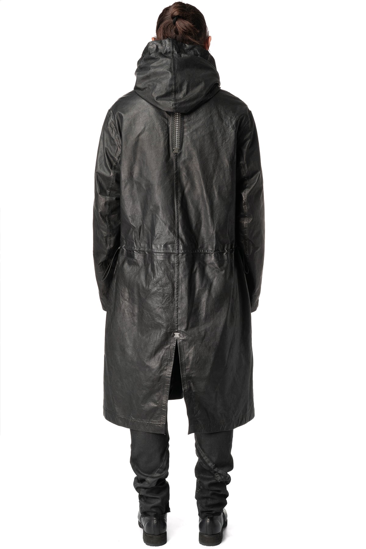 Long hooded membrane leather down parka, Black