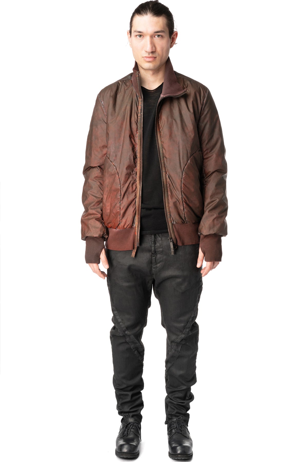 Asymmetric reflective nylon bomber jacket, Dirty red