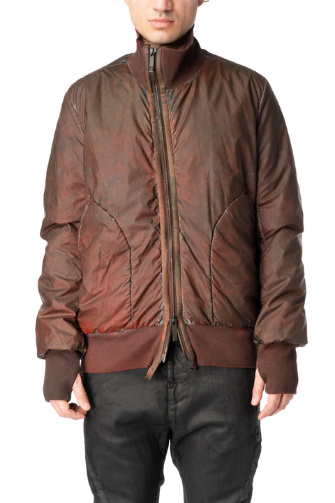 Asymmetric reflective nylon bomber jacket, Dirty red