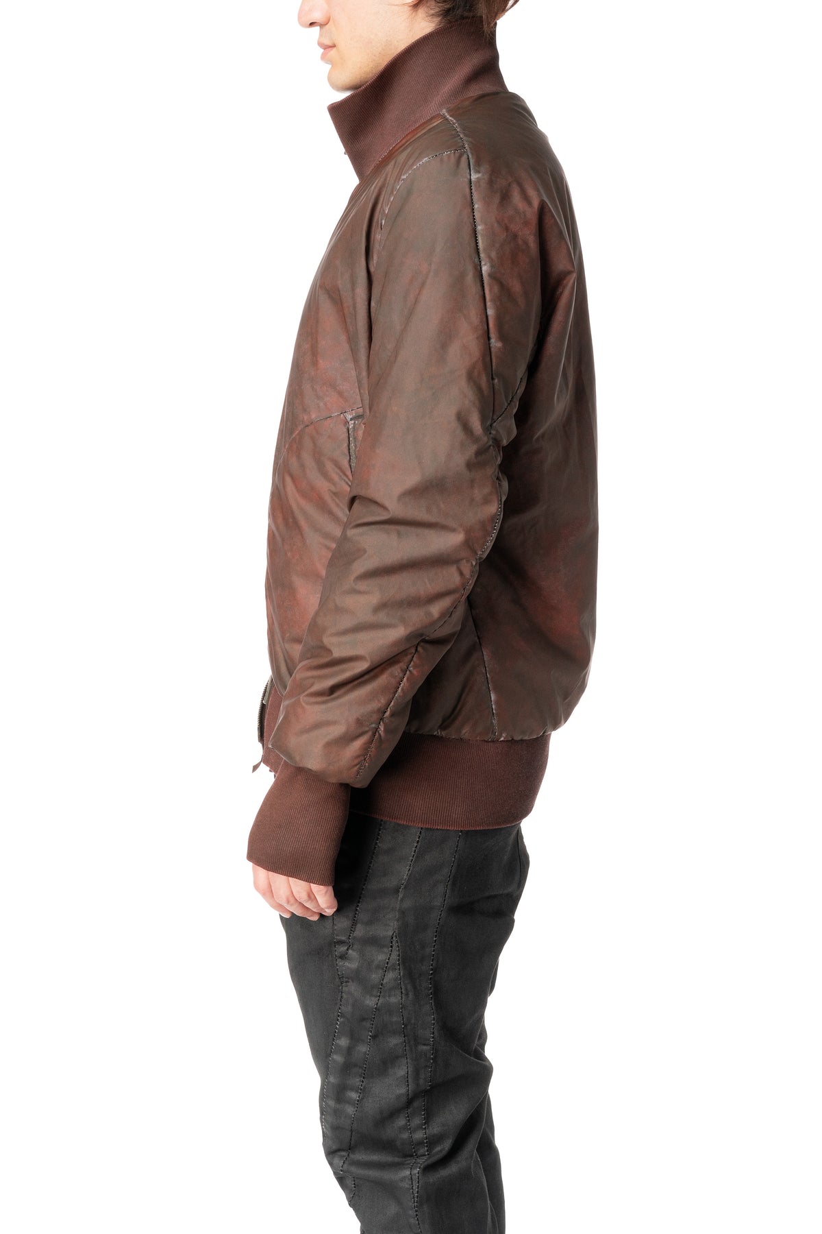 Asymmetric reflective nylon bomber jacket, Dirty red
