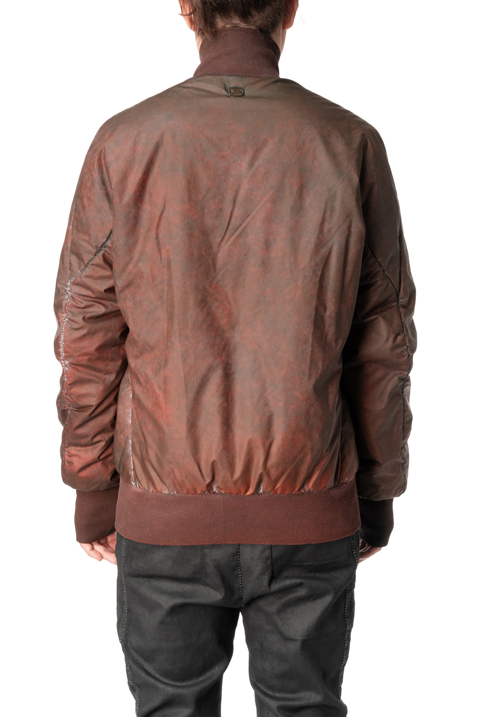 Asymmetric reflective nylon bomber jacket, Dirty red