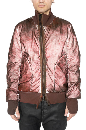 Asymmetric reflective nylon bomber jacket, Dirty red