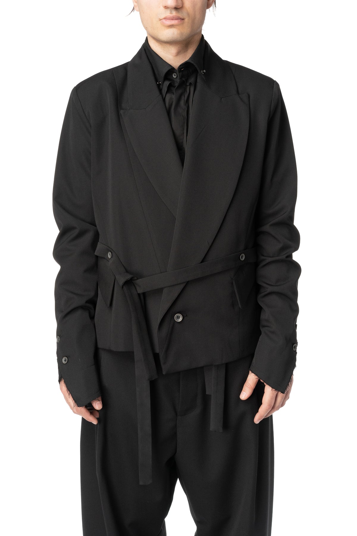Belted wool barathea wrap jacket