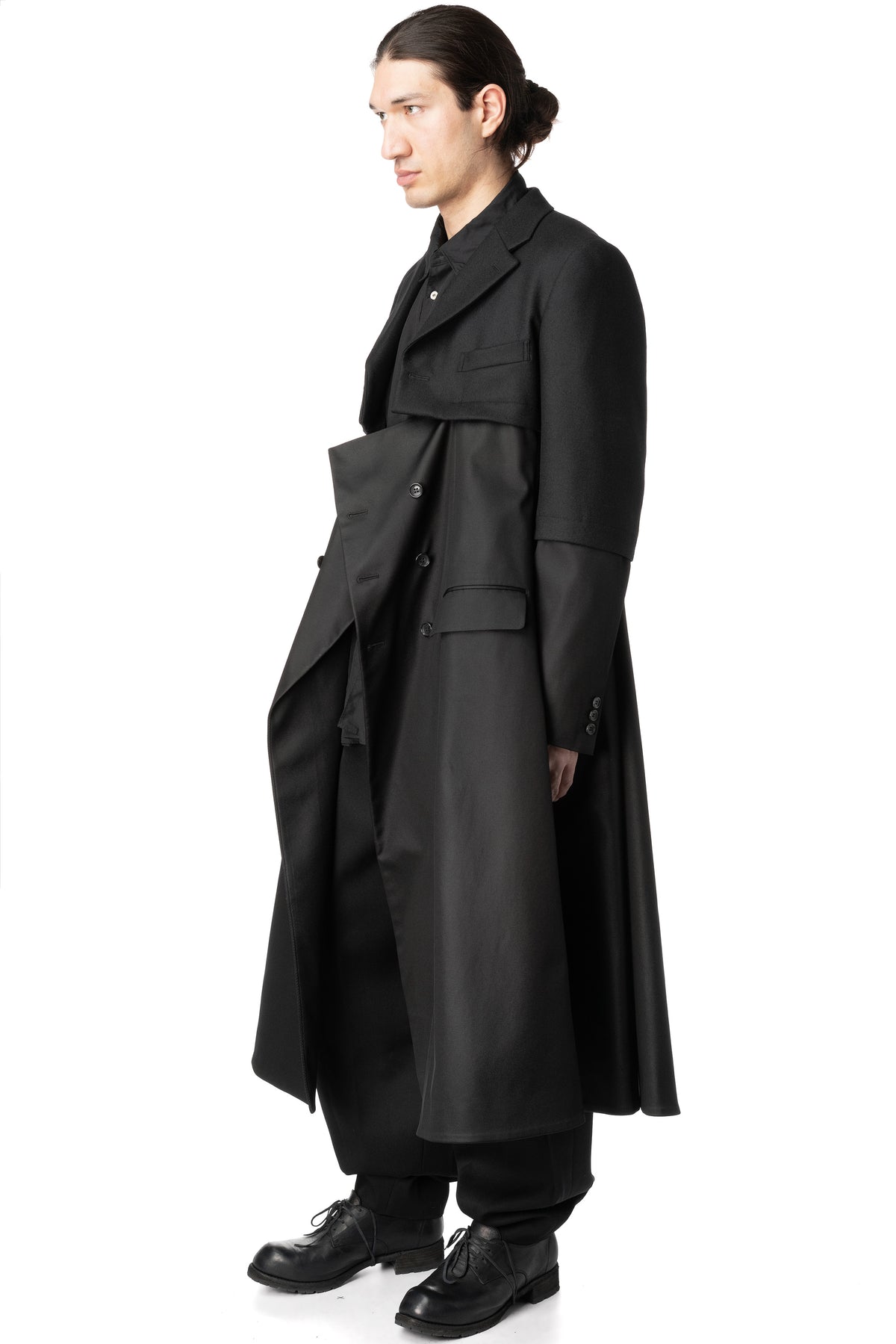 Wool jacket with draped satin panel