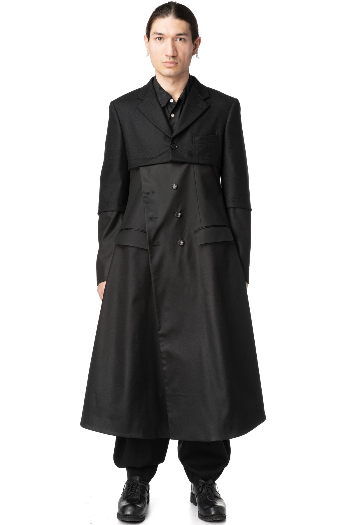 Wool jacket with draped satin panel