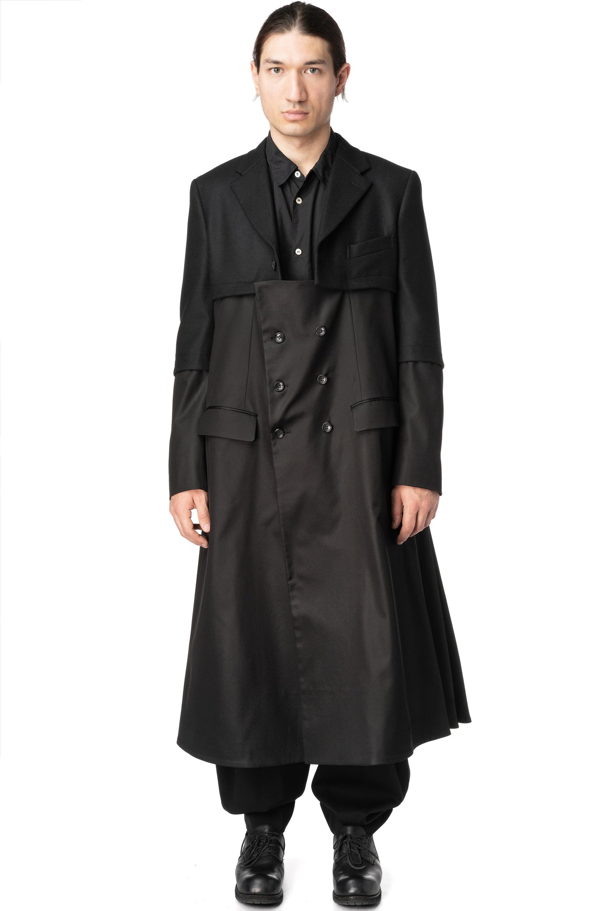 Wool jacket with draped satin panel