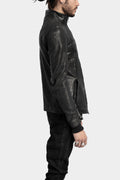 High neck off center zip calf leather jacket