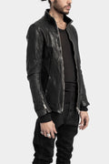 High neck off center zip calf leather jacket