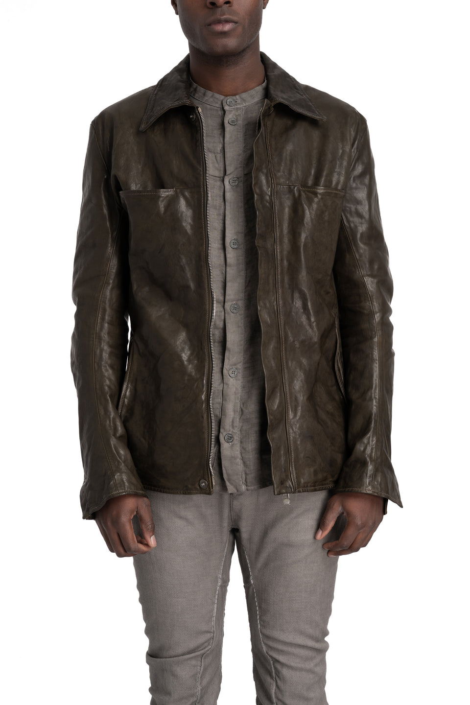 Hidden zip horse leather shirt jacket, Military