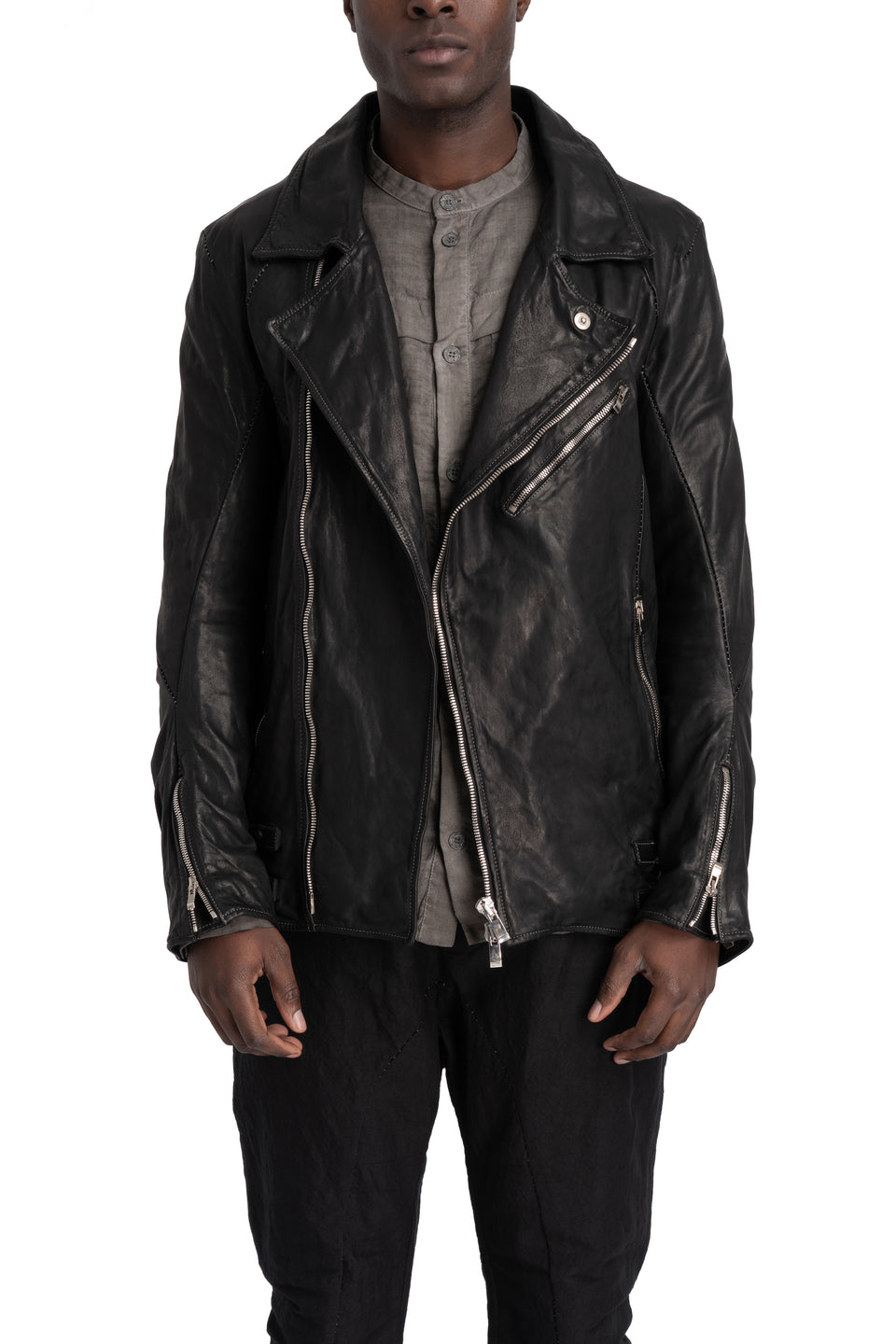 Scar stitch leather biker jacket, Deep black