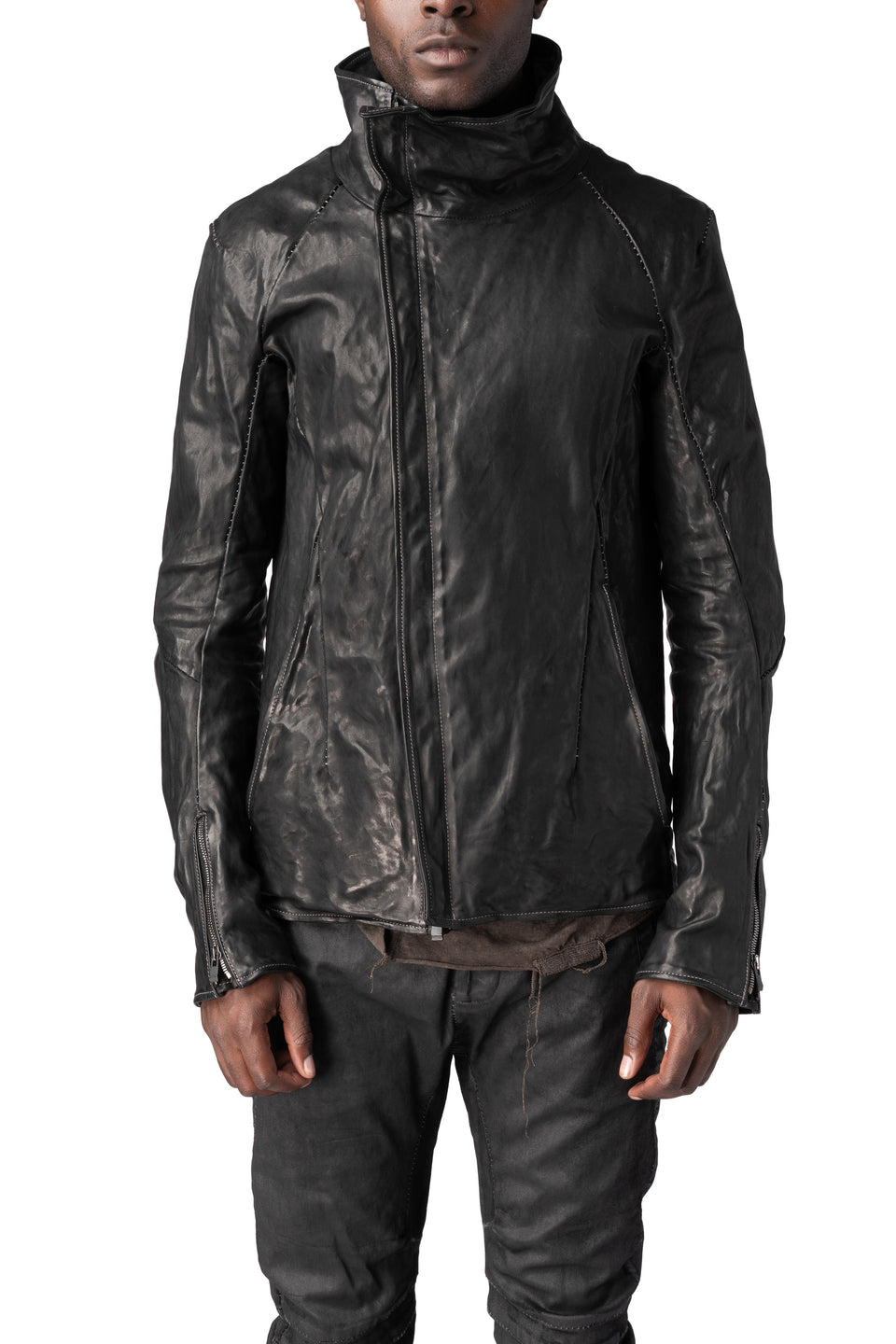 Horse leather high collar jacket, Black