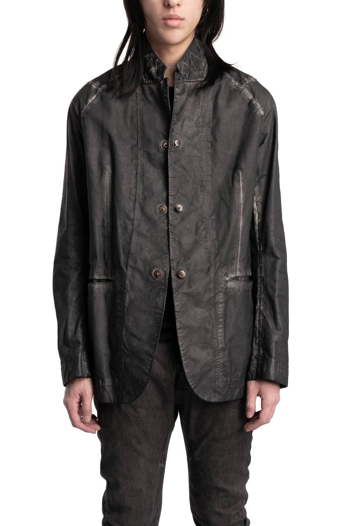 Isaac Sellam | SS26 - Raglan Sleeve Membrane Leather Blazer, Plomb DETENDU