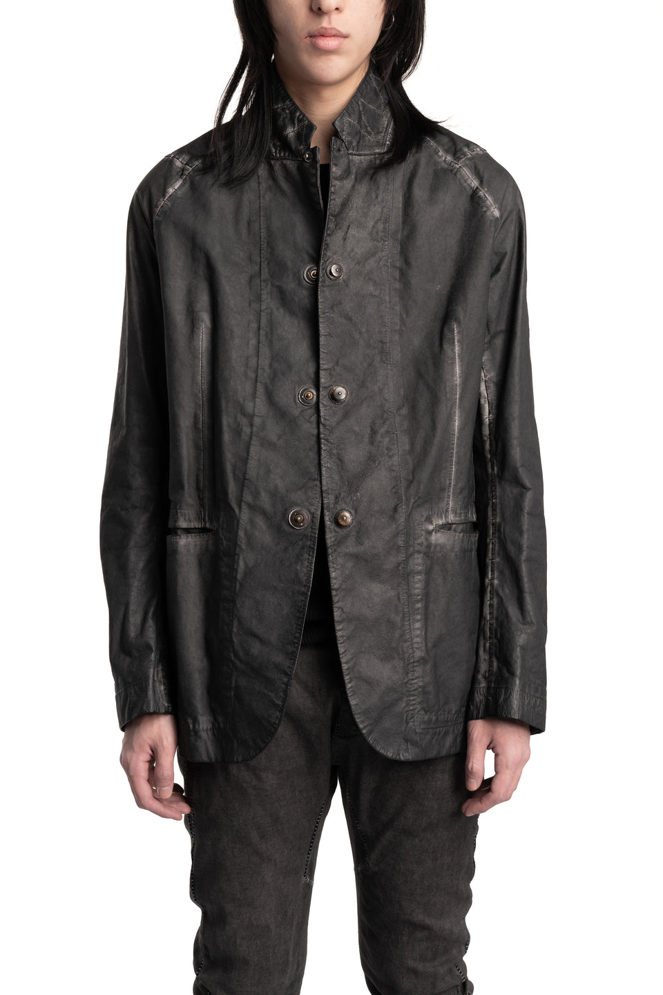 Raglan Sleeve Membrane Leather Blazer, Plomb
