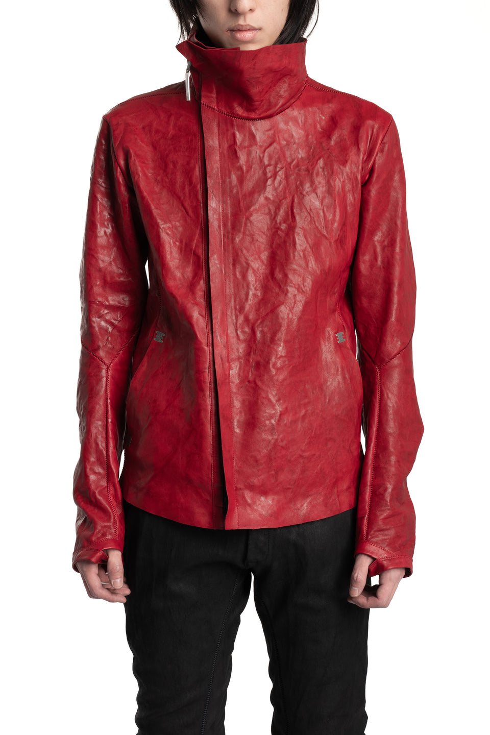 High Neck Lambskin Leather Jacket, Red