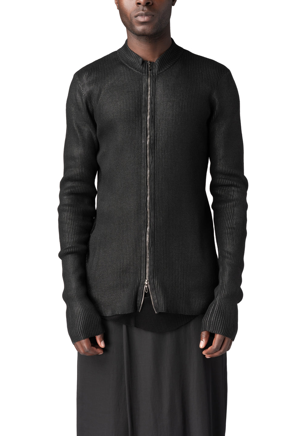 Coated zip-front knit cardigan, Black