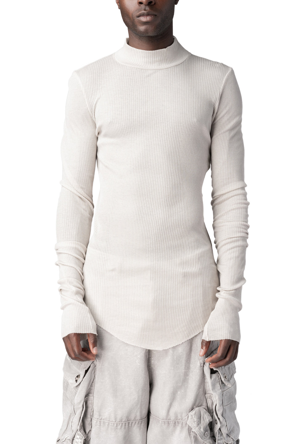 Ribbed high neck long sleeve top, Plaster