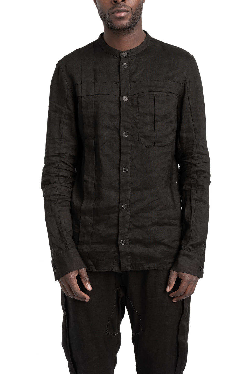 Woven Ramie Pleated Shirt, Black